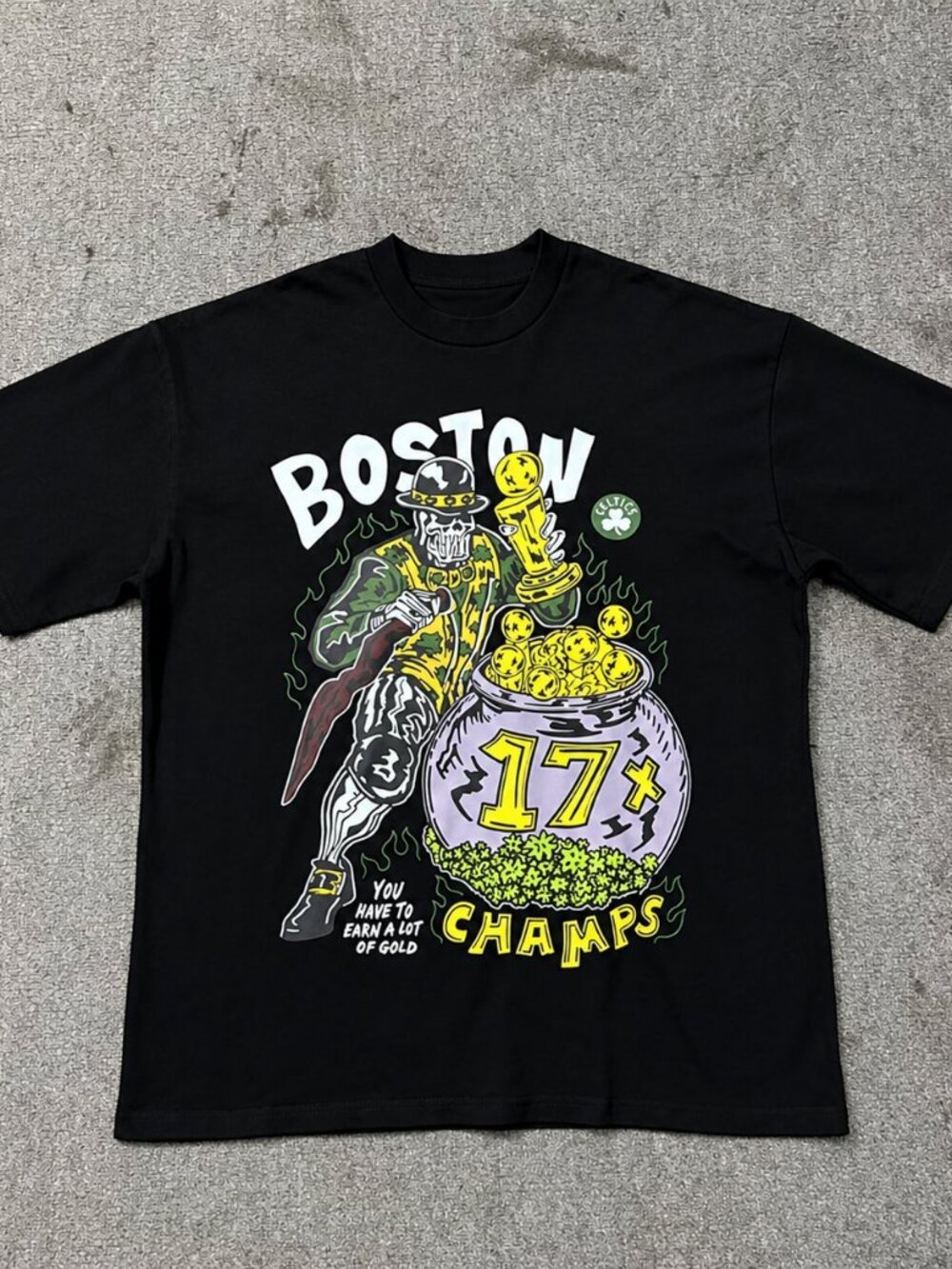 Boston Celtics Skeleton Leprechaun Pot of Gold Graphic Tee – Black Shirt